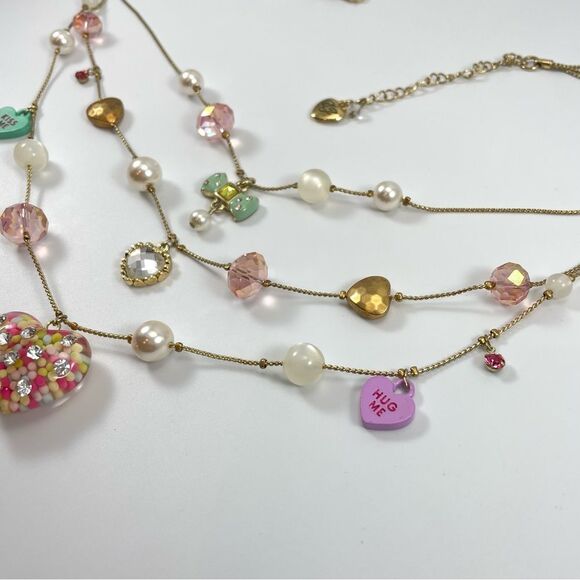 Betsey Johnson Candyland Gold Tone Multi Layer Beaded Heart Pendant Necklace - Picture 8 of 10